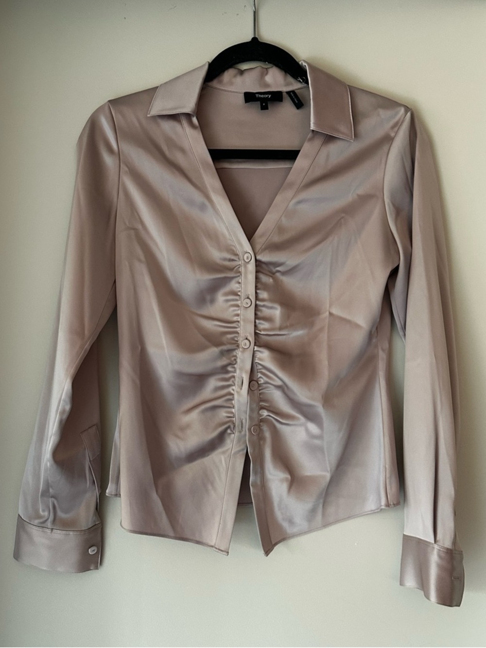 Theory Satin Blouse in Soft Blush Pink